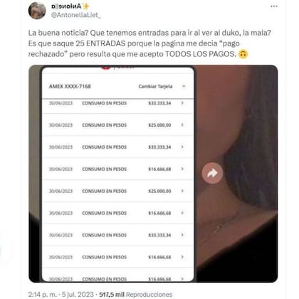 Antonella creyó que la operación para comprar las entradas fue rechazada y de esta forma adquirió 25 tickets para ver a Duki en River