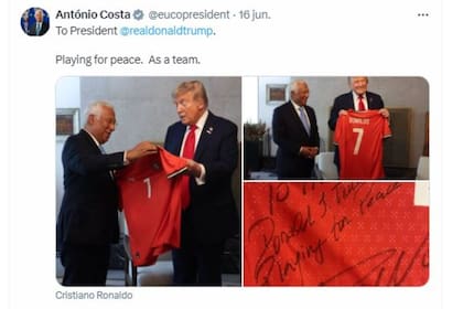 Antonio Cósta, presidente del Consejo Europeo, le entregó durante la cumbre del GT una camiseta de Cristiano Ronaldo a Trump