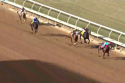 Antonio Fresu quedó colgando del pescuezo de Winds of Freedom, luego de un movimiento brusco del potrillo, que iba primero en Del Mar.