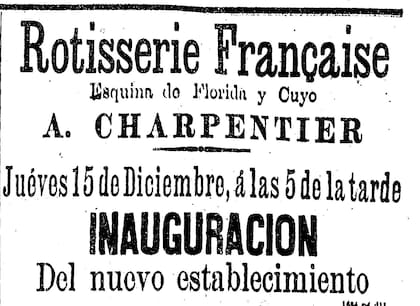 Anuncio de la inauguración de la Rotisserie Française. Fue conocida como Charpentier, que era el apellido de su dueño.