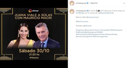 Anuncio de la visita de Mauricio Macri al programa conducido por Juana Viale (Foto: Captura Instagram/@mirthalegrand)