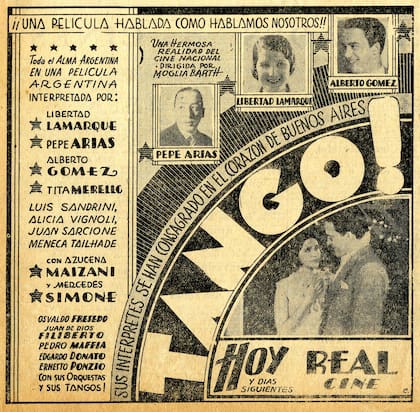 Anuncio del estreno de "Tango" en 1933 en el cine Real