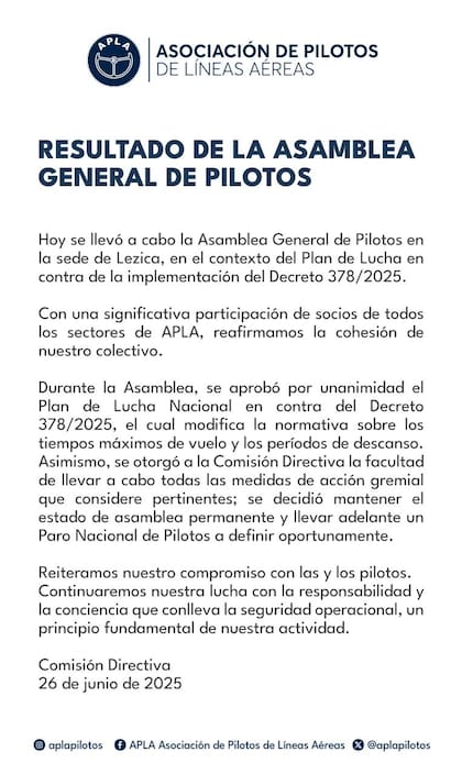 APLA aprobó un paro nacional de pilotos en rechazo al decreto que modifica los tiempos de vuelo