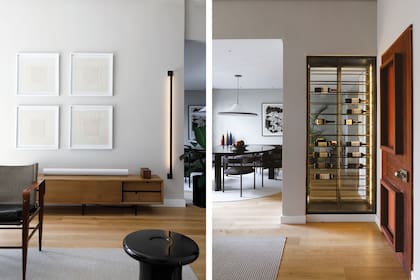 Apliques lineales de pared en living y comedor (Huup). Todas las luces son dimerizables y se regulan por domótica, un trabajo realizado por el arquitecto Marcelo Vila.