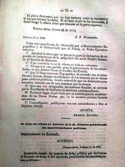 Aprobación del Gobernador Acosta para la fundación de Mar del Plata, tras la carta enviada por Patricio Peralta Ramos en noviembre de 1873.