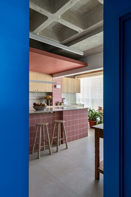 Aprovecharon la luz natural del departamento y sumaron luminarias lineales, para destacar puntos específicos del proyecto, como el cielorraso rebajado de la cocina y la textura de la losa.