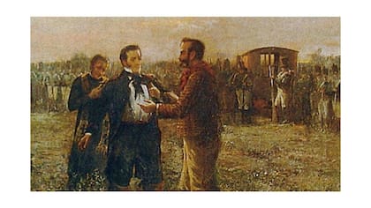 Aráoz de Lamadrid se despide de Dorrego, minutos antes de la ejecución. Será el portador de los objetos personales del infortunado.