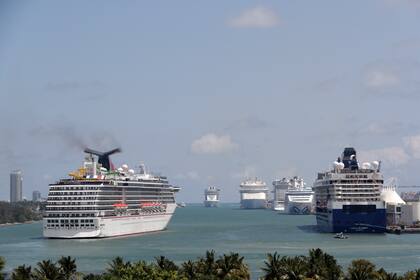 ARCHIVO - Barcos de crucero permanecen en PortMiami el 7 de abril de 2020, en Miami. (AP Foto/Lynne Sladky, archivo)