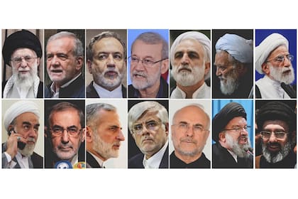 ARCHIVO - Combinación de fotos de figuras políticas y religiosas iraníes. Arriba, izquierda a derecha, ayatolá Alí Jamenei; presidente Masoud Pezeshkian; canciller Abbas Araghchi; asesor de Política Pública de Jamenei, Ali Larijani; presidente del Tribunal Supremo, Gholam Hossein Mohseni Ejehi; jefe de expertos de Asamblea, Mohammad-Ali Movahedi Kermani; secretario del Consejo de Guardianes, Ahmad Jannati. Abajo, izquierda a derecha, jefe gabinete, Mohammad Golpayegani; asesor de Jamenei en Asuntos Internacionales, Ali Akbar Velayati; asesor de Jamenei en Política Exterior, Kamal Kharazi; vicepresidente Mohammad Reza Aref; presidente parlamentario Mohammad Bagher Ghalibaf; imán Ahmad Khatami; hijo de líder supremo, Mojtaba Jamenei. (Foto AP/Archivo)