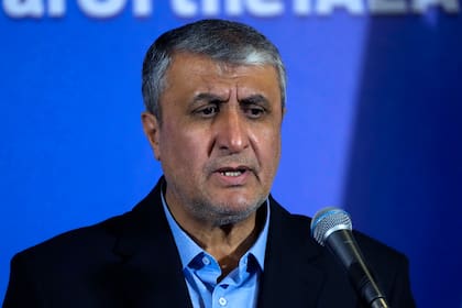 ARCHIVO - El director del departamento de energía atómica de Irán, Mohammad Eslami, habla en una conferencia de prensa conjunta con el director general del Organismo Internacional de Energía Atómica (IAEA), Rafael Grossi, tras su reunión en la ciudad de Isfahan, en el centro de Irán, el martes 7 de mayo de 2024. (AP Foto/Vahid Salemi, Archivo)