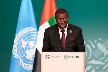 ARCHIVO - El presidente de Namibia, Hage Geingob, habla durante una sesión plenaria en la cumbre climática COP28 de Naciones Unidas, el 1 de diciembre de 2023, en Dubái, Emiratos Árabes Unidos. El presidente de Namibia murió en un hospital donde recibía tratamiento, según dijo su oficina el domingo 4 de febrero de 2024. (AP Foto/Peter Dejong, Archivo)