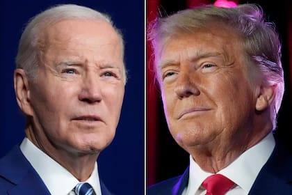 ARCHIVO - En esta combinación de fotos, a la izquierda, el presidente Joe Biden habla el 10 de agosto de 2023, en Salt Lake City, y el expresidente Donald Trump habla el 8 de julio de 2023, en Las Vegas. (AP Foto, Archivo)