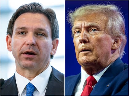 ARCHIVO - Esta combinación de fotografías muestra el gobernador de Florida, Ron DeSantis (izquierda) durante un evento en Oxon Hill, Maryland, el 21 de abril de 20203, y al expresidente Donald Trump en un evento en la misma ciudad pero el 4 de marzo de 2023 (AP Foto/Alex Brandon, Archivo)