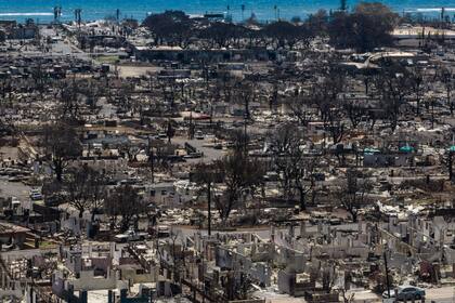 ARCHIVO - Restos carbonizados de viviendas se observan tras un incendio forestal en Lahaina, Hawai, el 22 de agosto de 2023. (AP Foto/Jae C. Hong, archivo)