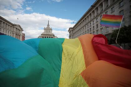ARCHIVO - Un activista sostiene una bandera durante un desfile del orgullo gay en Sofía, Bulgaria, el 21 de septiembre de 2013.  (AP Foto/Valentina Petrova, Archivo)