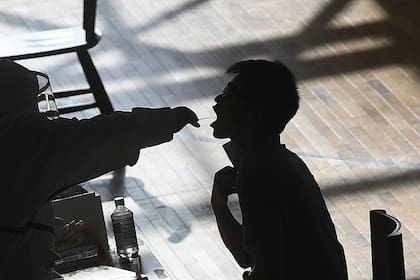 ARCHIVO – Un trabajador sanitario toma una muestra de hisopo de un trabajador de la empresa China Star Optoelectronics Technology (CSOT) durante una ronda de pruebas para detectar el COVID-19 en Wuhan