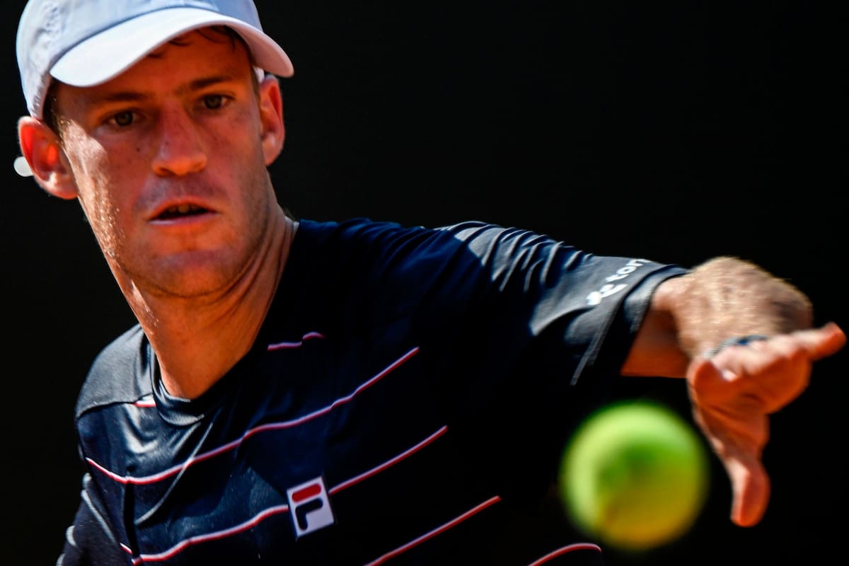 Argentinas Diego Schwartzman plays a forehand to Australias John Millman on day four of the Mens Italian Open at Foro Italico on September 17, 2020 in Rome, Italy