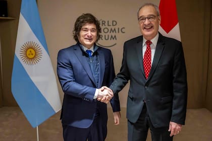 Argentina's President Javier Milei (L) and Switzerland's Federal President Guy Parmelin shake hands prior to a bi-lateral meeting on the sidelines of the 56th annual meeting of the World Economic Forum (WEF) annual meeting in Davos on January 20, 2026. The World Economic Forum is taking place in Davos from January 19 to January 23, 2026. (Photo by LAURENT GILLIERON / POOL / AFP)