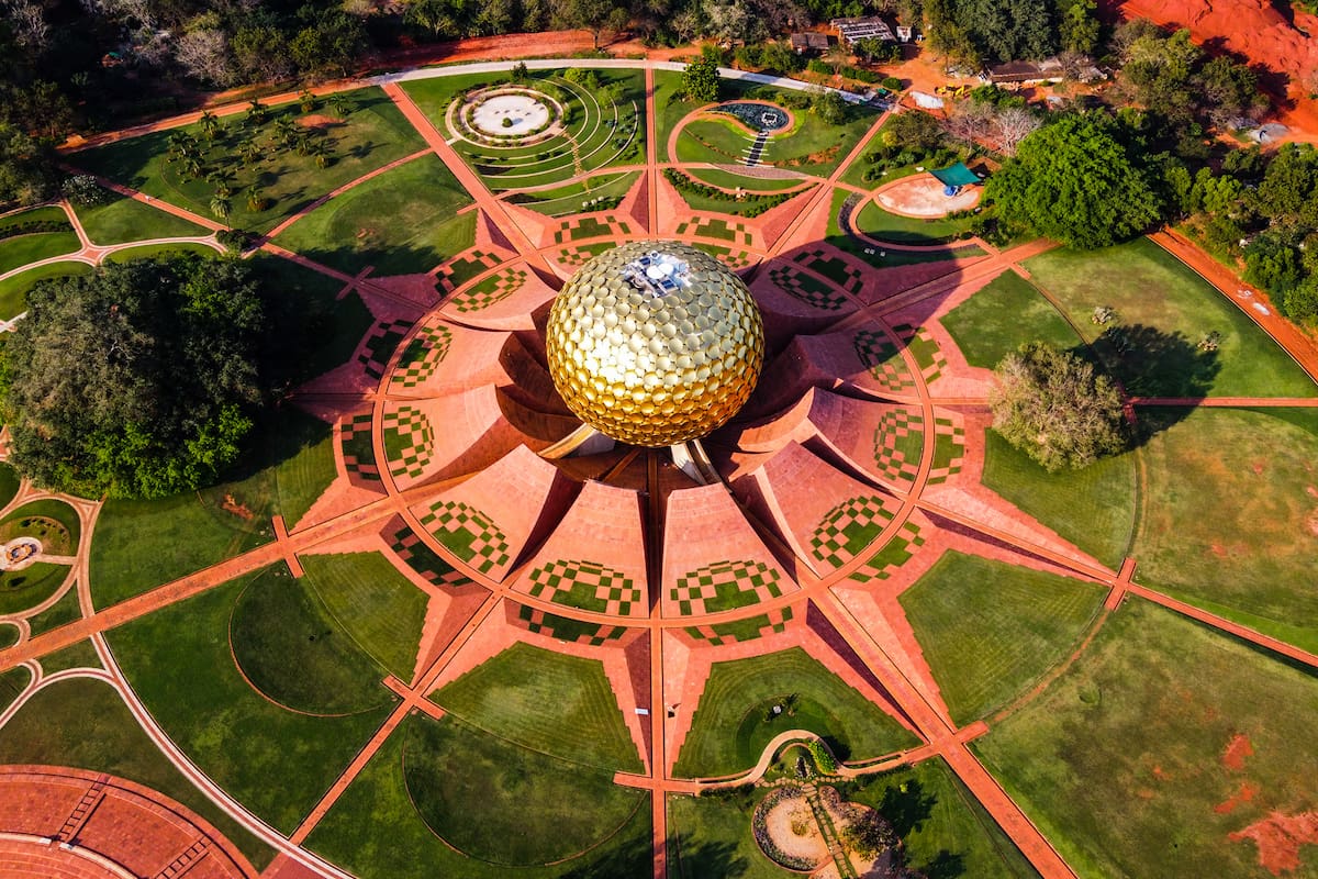 Arial View of Auroville. Auroville is an experimental township in Viluppuram district mostly in the state of Tamil Nadu, India with some parts in the Union Territory of Puducherry in India