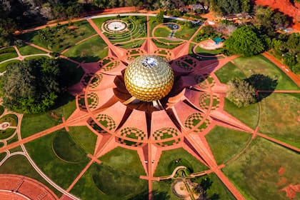 Arial View of Auroville. Auroville is an experimental township in Viluppuram district mostly in the state of Tamil Nadu, India with some parts in the Union Territory of Puducherry in India