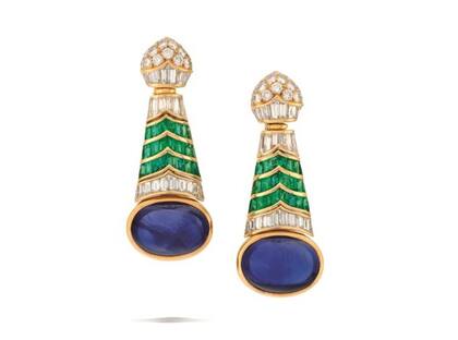 Aros de zafiros, esmeraldas y diamantes Bulgari con un precio estimado de 130.000 francos suizos