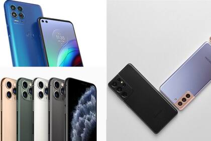 Arriba, el Motorola Moto G100; abajo, el iPhone 11, y a la derecha, el S21 de Samsung