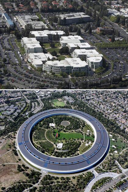 Arriba, las antiguas oficinas de Apple, abajo el Apple Park, símbolo de la evolución de la compañía en Cupertino
