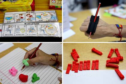 Arriba, pictogramas sobre determinadas acciones del día y un sujetador de mano para escribir. Abajo, diferentes modelos de adaptadores para trabajar el agarre del lápiz y sellos de letras en braille para armar palabras