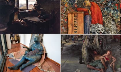 Arriba, "Sin pan y sin trabajo" de Ernesto de la Cárvova y el emblemático Juanito Laguna de Antonio Berni; abajo, una escultura de Betina Sor en la vidriera de la Municipalidad de San Martín y una pintura de Alejandra Fenochio, en Munar