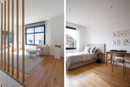 Arriba, un estar abierto con obra de Verónica Pasman, alfombra (Kalpakian) y sillón ‘Nilo’. En el cuarto de visitas, cama con carro, silla ‘Cuma’, escritorio (todo de Urbano Estudio) y obras de Mauge Sáenz Asprea.