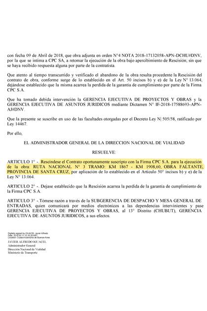Artículo 1 Rescisión ruta 5