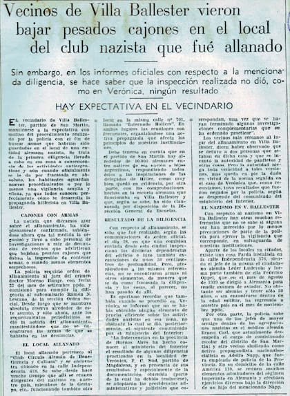 Artículo periodístico donde se denunciaron las actividades nazis en Villa Ballester