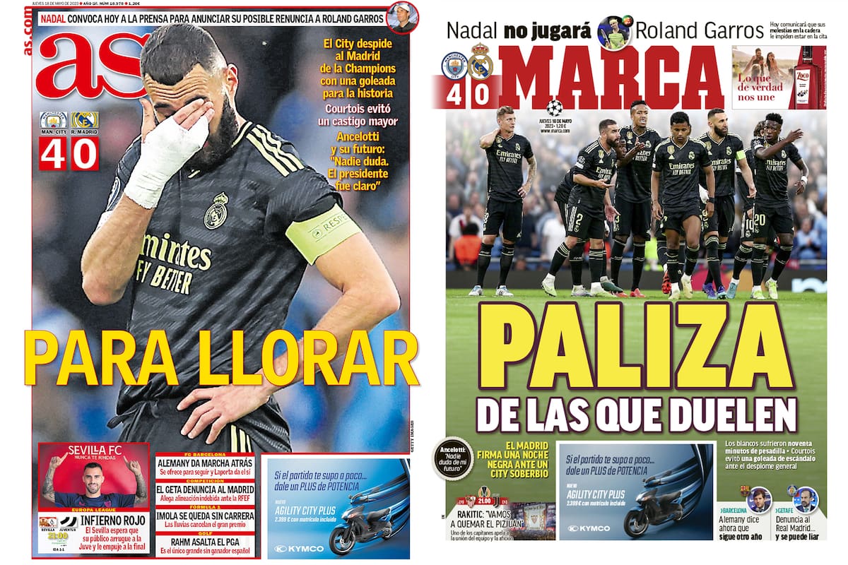 AS y MARCA
Tapa de la victoria del Manchester City al Real Madrid en la semifinal de la Champions League