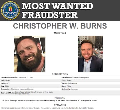 Asesores financieros como Christopher W. Burns (foto) y Rodney Dean Allen son buscados por desviar millones de dólares mediante falsos programas de préstamos y reportes de rendimiento ficticios