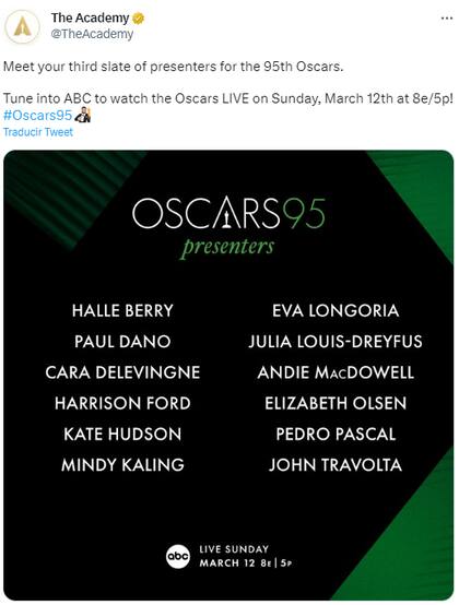 Así anunció la Academia de Artes y Ciencias Cinematográficas la participación de Pedro Pascal entre los presentadores para la ceremonia de este domingo