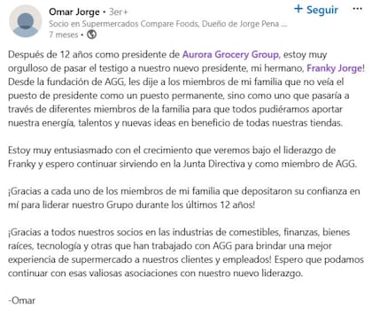Así anunció Omar Jorge, hijo de los fundadores de la compañía el traspaso de mando a su hermano, Franky Jorge