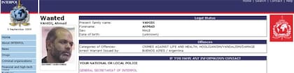 Así aparece el pedido de captura internacional en la web de Interpol
