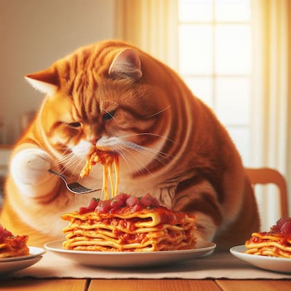 Así comería lasaña Garfield si existiera en la vida real, de acuerdo a la inteligencia artificial