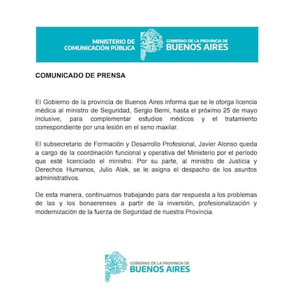 Así comunicaron desde el gobierno bonaerense la licencia de Berni