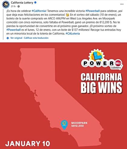 Así dio a conocer la Lotería de California al ganador de Powerball