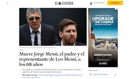 Así informó El Español la muerte de Leo Messi (Foto: Captura)