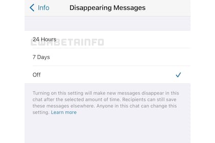 Así luce el ajuste de 24 horas disponible en la función mensajes temporales de WhatsApp
