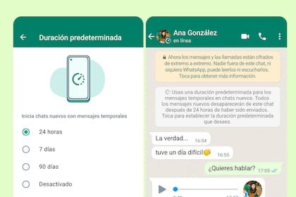 Así luce la nueva opción que ofrece WhatsApp para contar con mensajes temporales que se elimina a las 24 horas, un ajuste que también se puede extender a 7 o 90 días