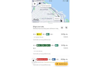 Así luce Uber Transit, una función sin cargo que permite ver las mejores opciones para llegar a destino con el transporte público mediante tren, subte y colectivo