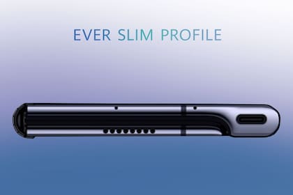 Así queda el Huawei Mate X plegado visto desde abajo; la pantalla ocupa el frente, el lomo y el dorso; toda la electronica está en una columna donde van también las cámaras