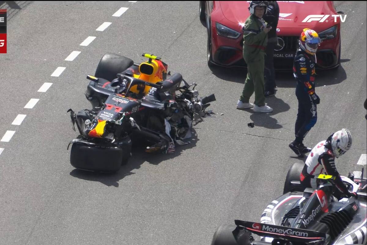 Así quedó el auto de Sergio Checo Pérez durante el incidente en el GP de Mónaco con Kevin Magnussen
