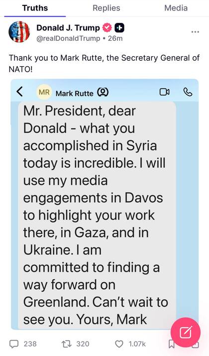 Así reveló Trump el mensaje que le envió Mark Rutte, Secretario General de la OTAN