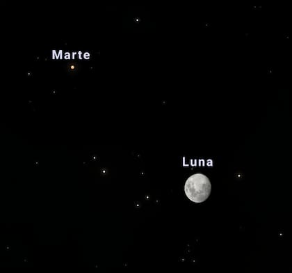 Así se observarán hoy la Luna y Marte (representación a través de Stellarium)