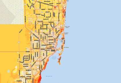 Así se ve el mapa de la ciudad de Miami según el riesgo de inundación señalado por NOAA