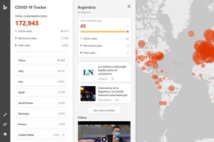 Así se ve el mapa de seguimiento global de la epidemia de coronavirus que presentó Microsoft en su buscador Bing